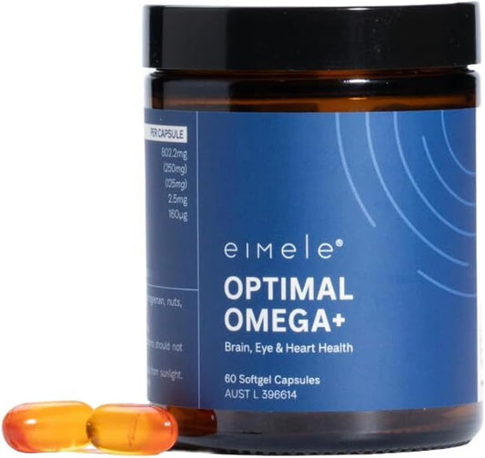 Plant-Based Omega-3 EPA & DHA Supplement for Brain, Eye, and Heart Health - eimele Optimal Omega+ - Vegan Antioxidant Support - Non-GMO - 60 Softgel Capsules