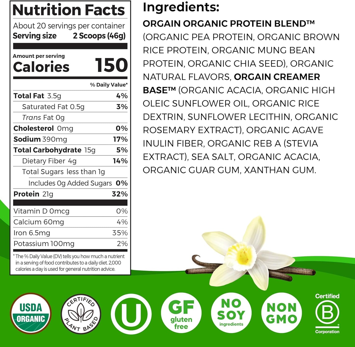 Plant-Based Orgain Organic Vanilla Bean Protein Powder - 21g Protein, 6g Fiber, No Lactose, No Sugar, Non-GMO - 2.03 lb Pack