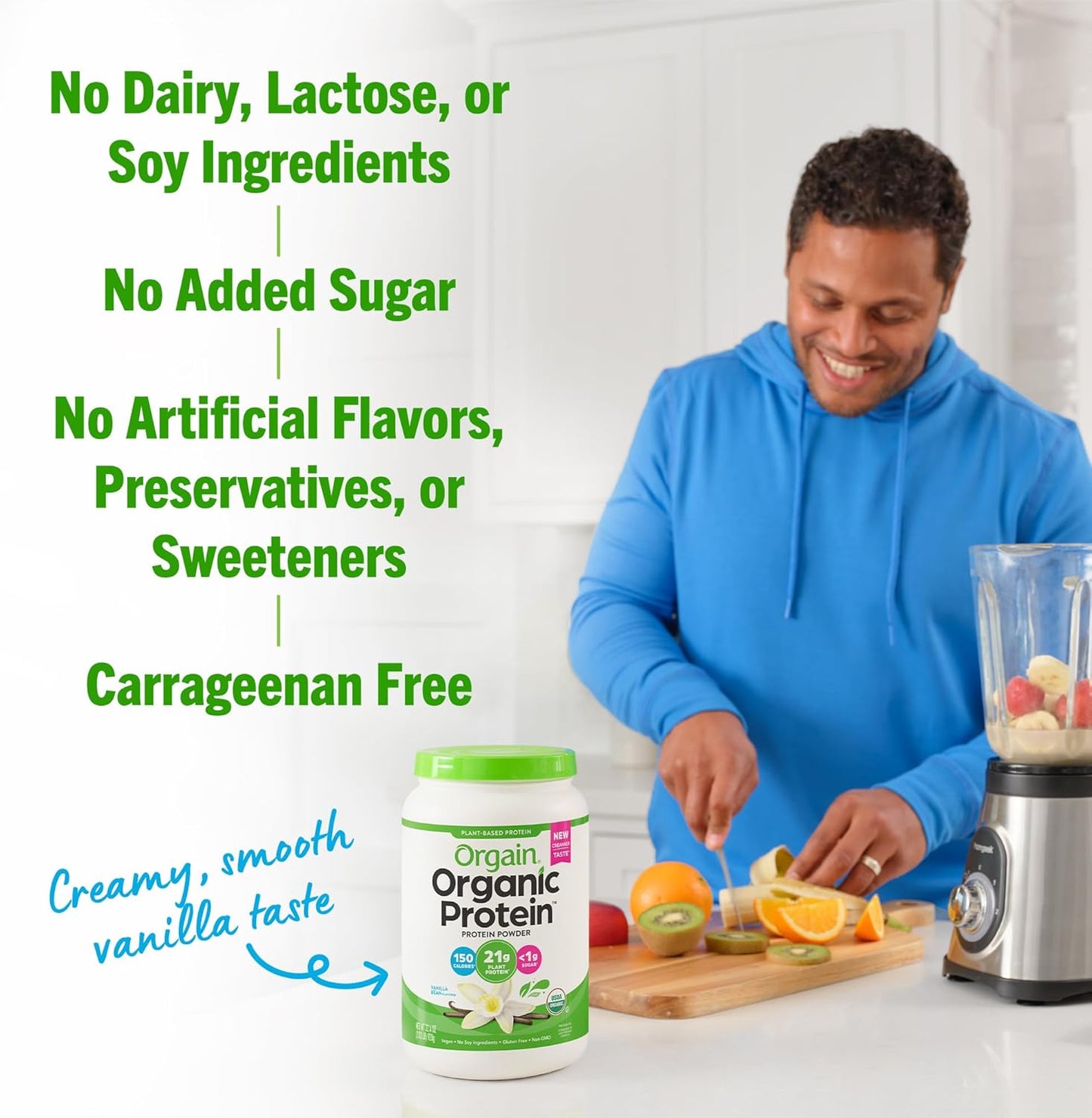 Plant-Based Orgain Organic Vanilla Bean Protein Powder - 21g Protein, 6g Fiber, No Lactose, No Sugar, Non-GMO - 2.03 lb Pack