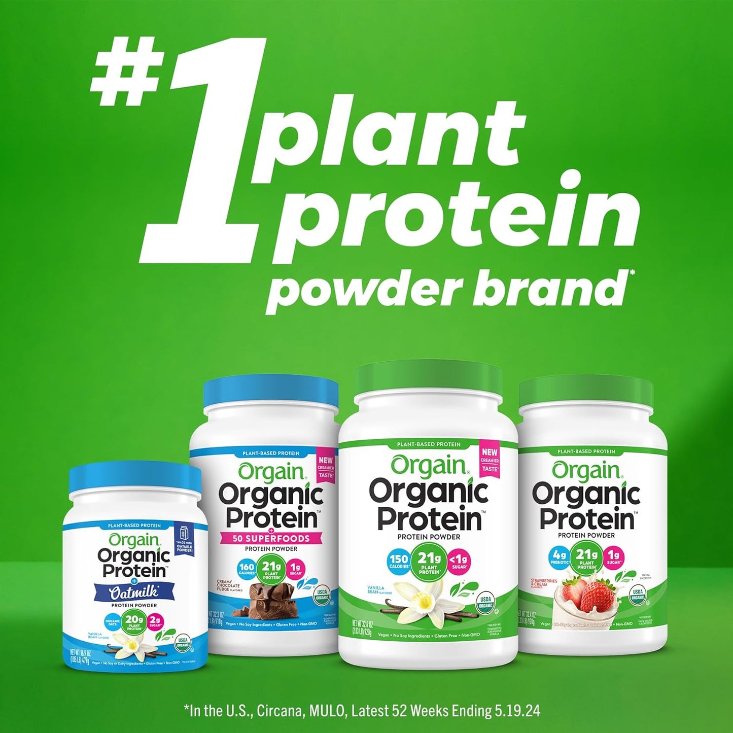 Plant-Based Orgain Organic Vanilla Bean Protein Powder - 21g Protein, 6g Fiber, No Lactose, No Sugar, Non-GMO - 2.03 lb Pack