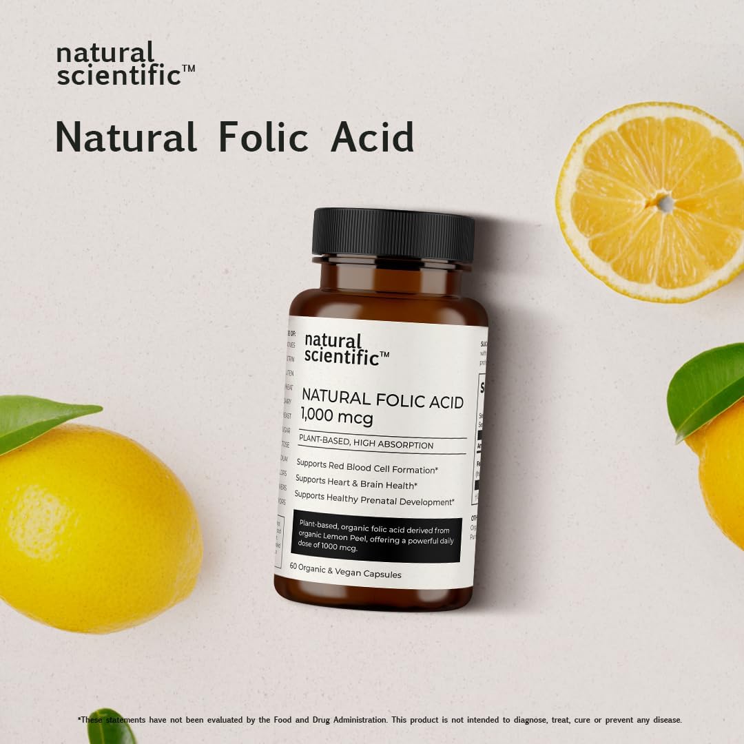 Plant-Based Organic Folic Acid Supplement 1000 mcg - Vitamin B9 from Lemon Peel - Gluten-Free, Vegan, Non-GMO - 60 Capsules - Premium Dietary Supplement - 60-Day Supply