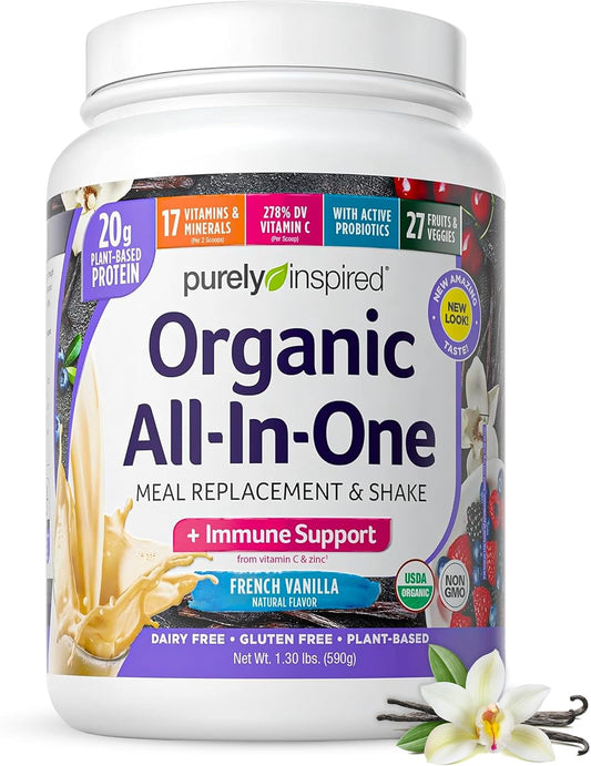 Plant-Based Organic Protein Powder for Men & Women - French Vanilla Flavor - Gluten-Free Meal Replacement - 16 Servings