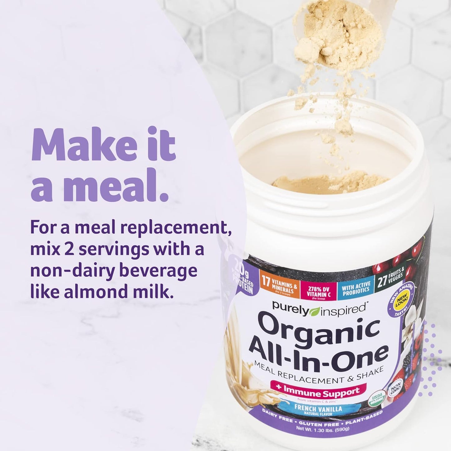 Plant-Based Organic Protein Powder for Men & Women - French Vanilla Flavor - Gluten-Free Meal Replacement - 16 Servings