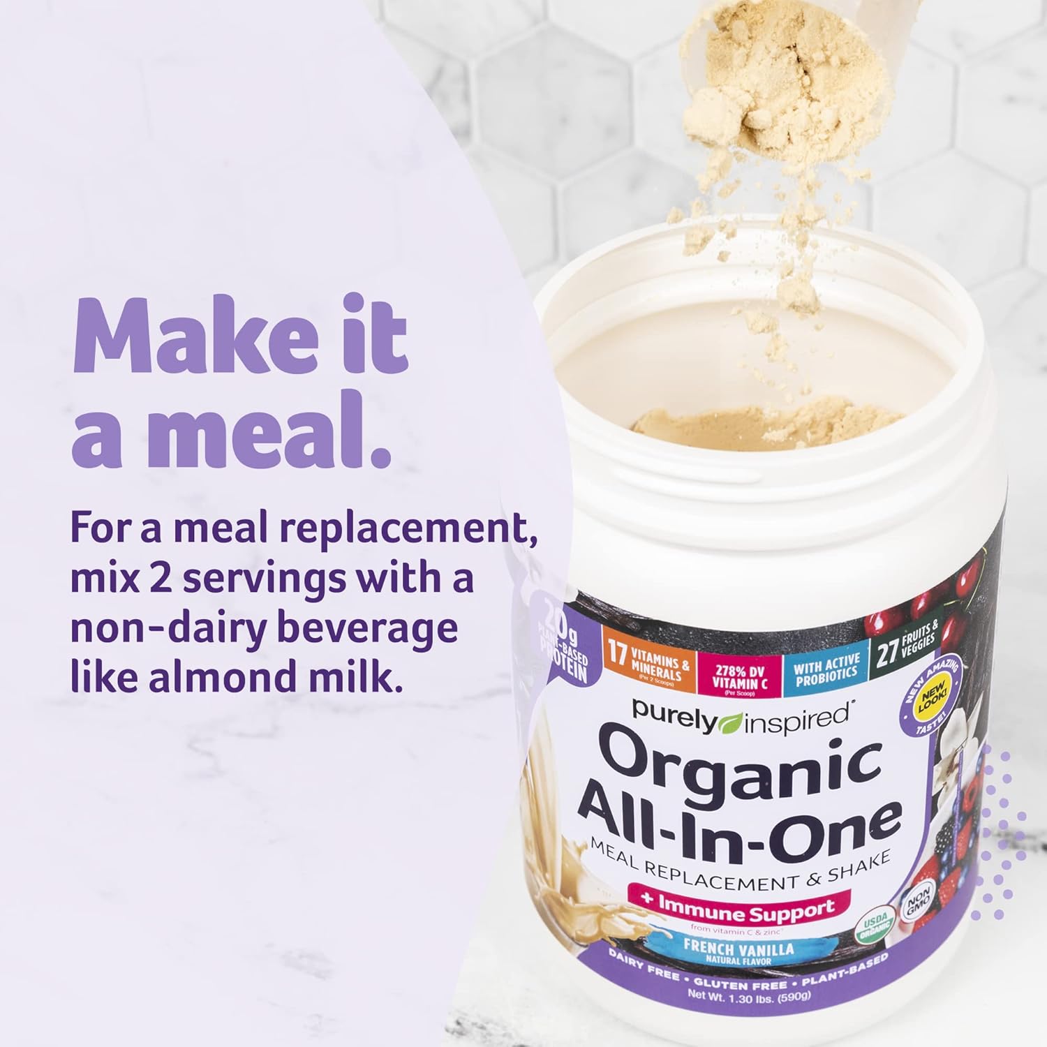 Plant-Based Organic Protein Powder for Men & Women - French Vanilla Flavor - Gluten-Free Meal Replacement - 16 Servings