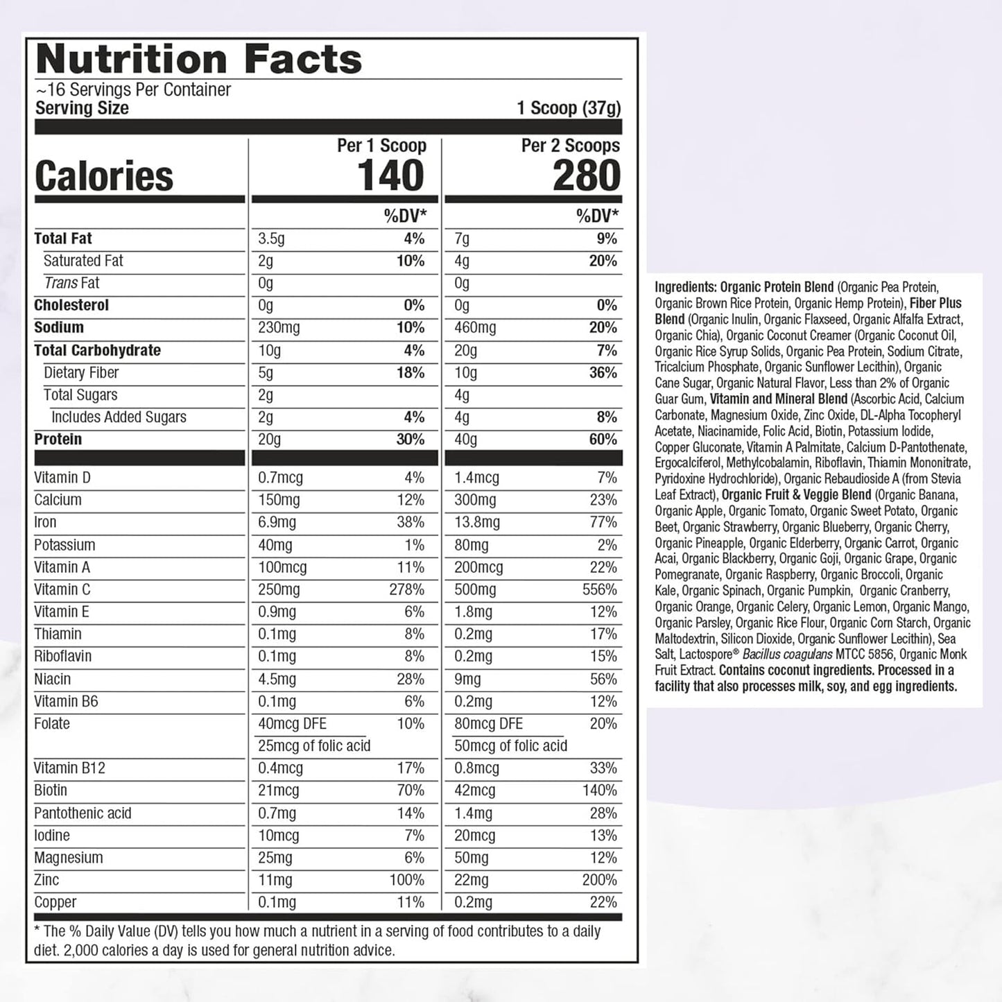 Plant-Based Organic Protein Powder for Men & Women - French Vanilla Flavor - Gluten-Free Meal Replacement - 16 Servings