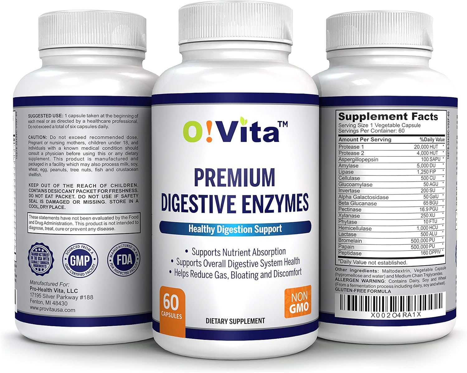 Plant-Based O!VITA Premium Digestive Enzymes for Improved Digestion and Nutrient Absorption - 60 Non-GMO Capsules