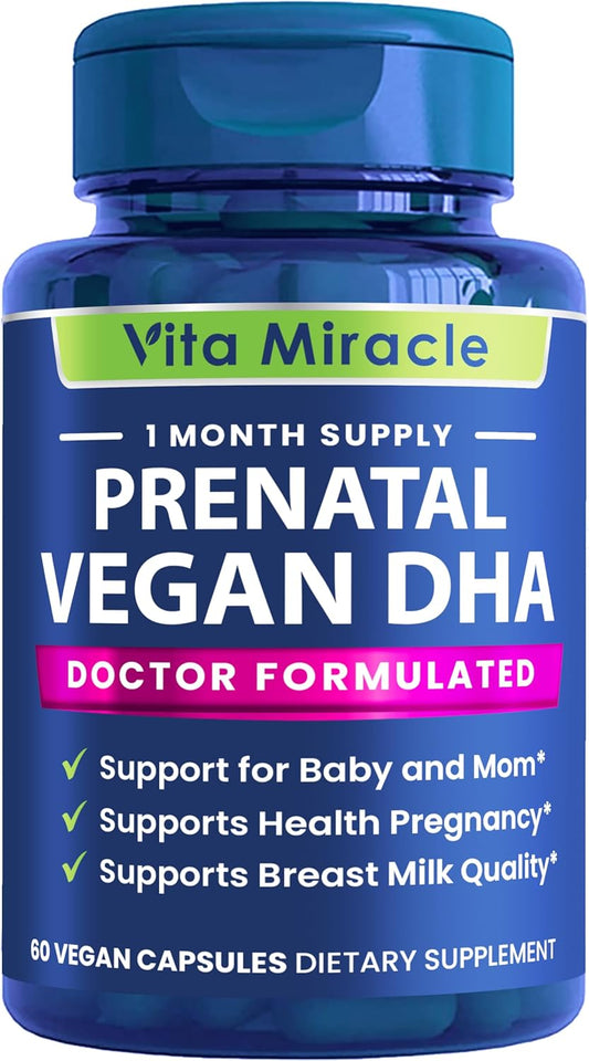 Plant-Based Prenatal DHA Supplements - Vegan 800mg DHA DPA Omega 3 - Supports Mom and Baby Health - Brain and Eye Development - No Fish Oil