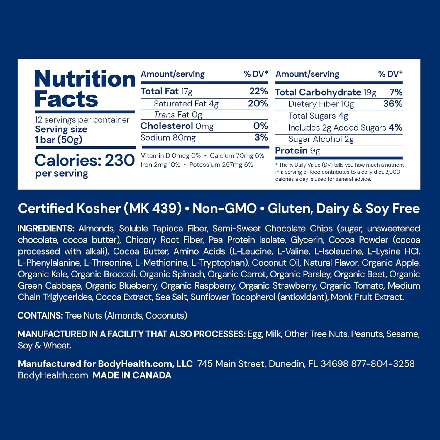 Plant-Based Protein Energy Bar with 10g Protein, MCT's, Superfood Blend, Kosher - Brownie Flavor (12 Pack)