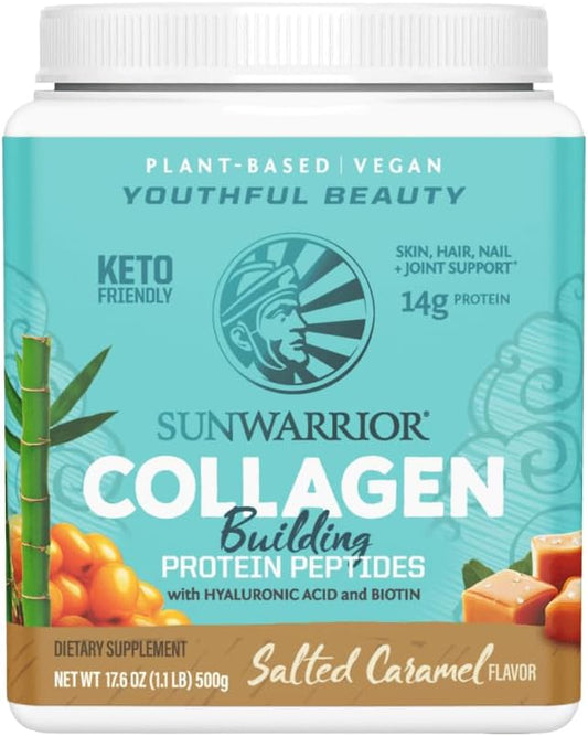 Plant-Based Protein Powder with Collagen Building Peptides, Hyaluronic Acid, and Biotin - Salted Caramel Flavor (20 Servings)