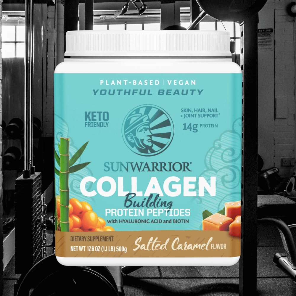 Plant-Based Protein Powder with Collagen Building Peptides, Hyaluronic Acid, and Biotin - Salted Caramel Flavor (20 Servings)
