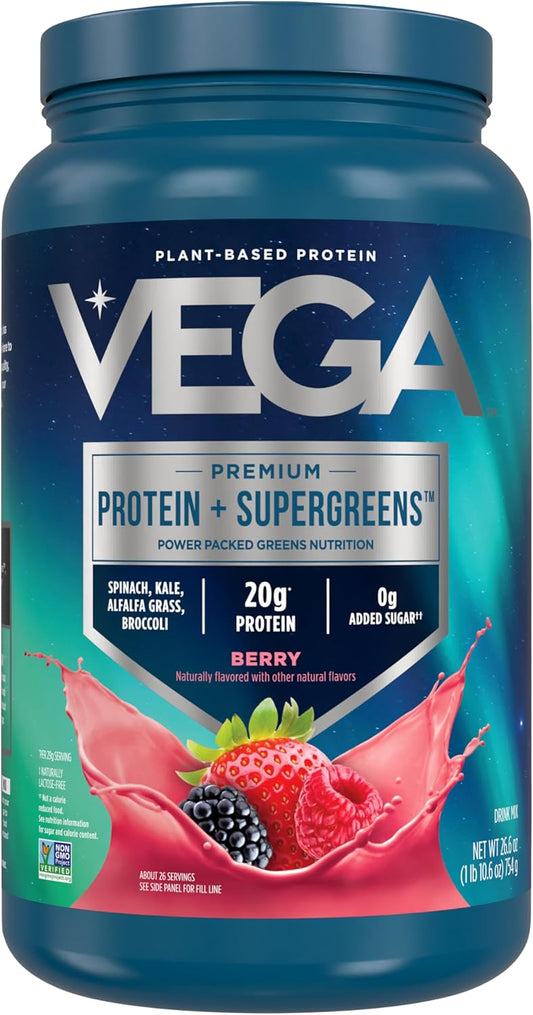 Plant-Based Protein Powder with Greens, Berry Flavor - 20g Protein, Vegan, Non-GMO, Pea Protein Blend for Women and Men, 1.7 lbs
