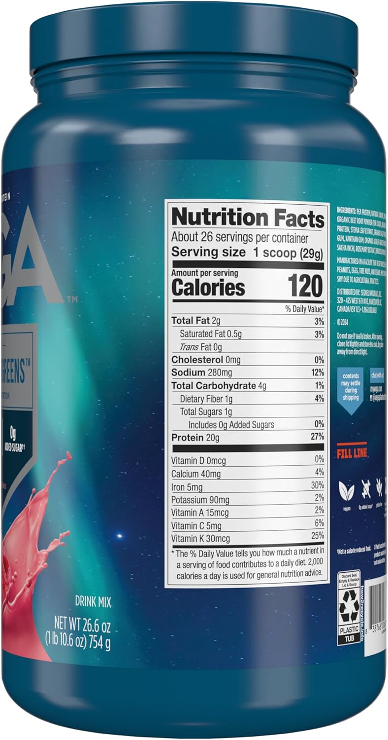 Plant-Based Protein Powder with Greens, Berry Flavor - 20g Protein, Vegan, Non-GMO, Pea Protein Blend for Women and Men, 1.7 lbs