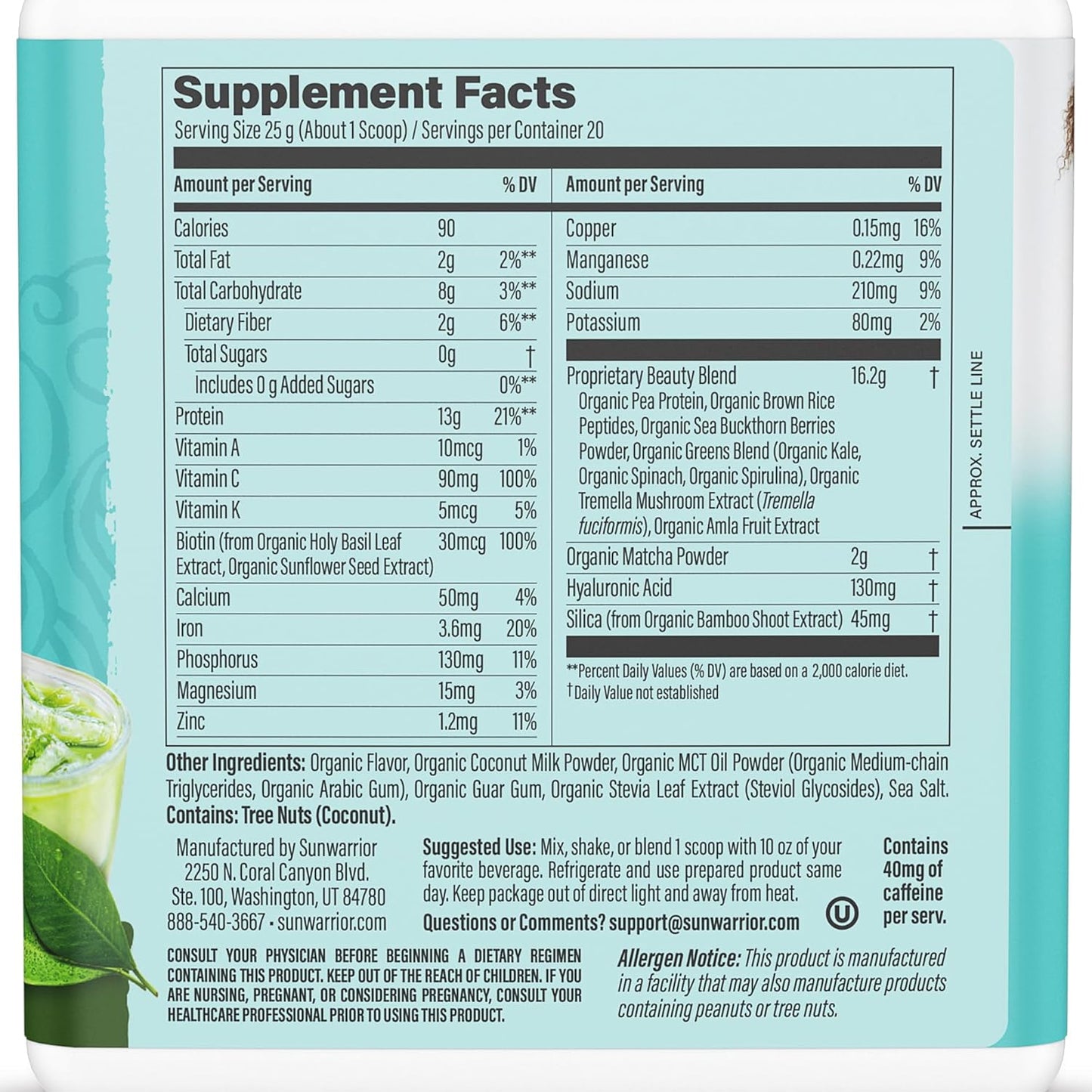 Plant-Based Protein Powder with Vegan Collagen Peptides, Hyaluronic Acid, and Biotin for Hair, Skin, and Nails - Coconut Matcha Latte Flavor - Non-GMO, Dairy & Sugar Free, Low Carb - 20 Servings
