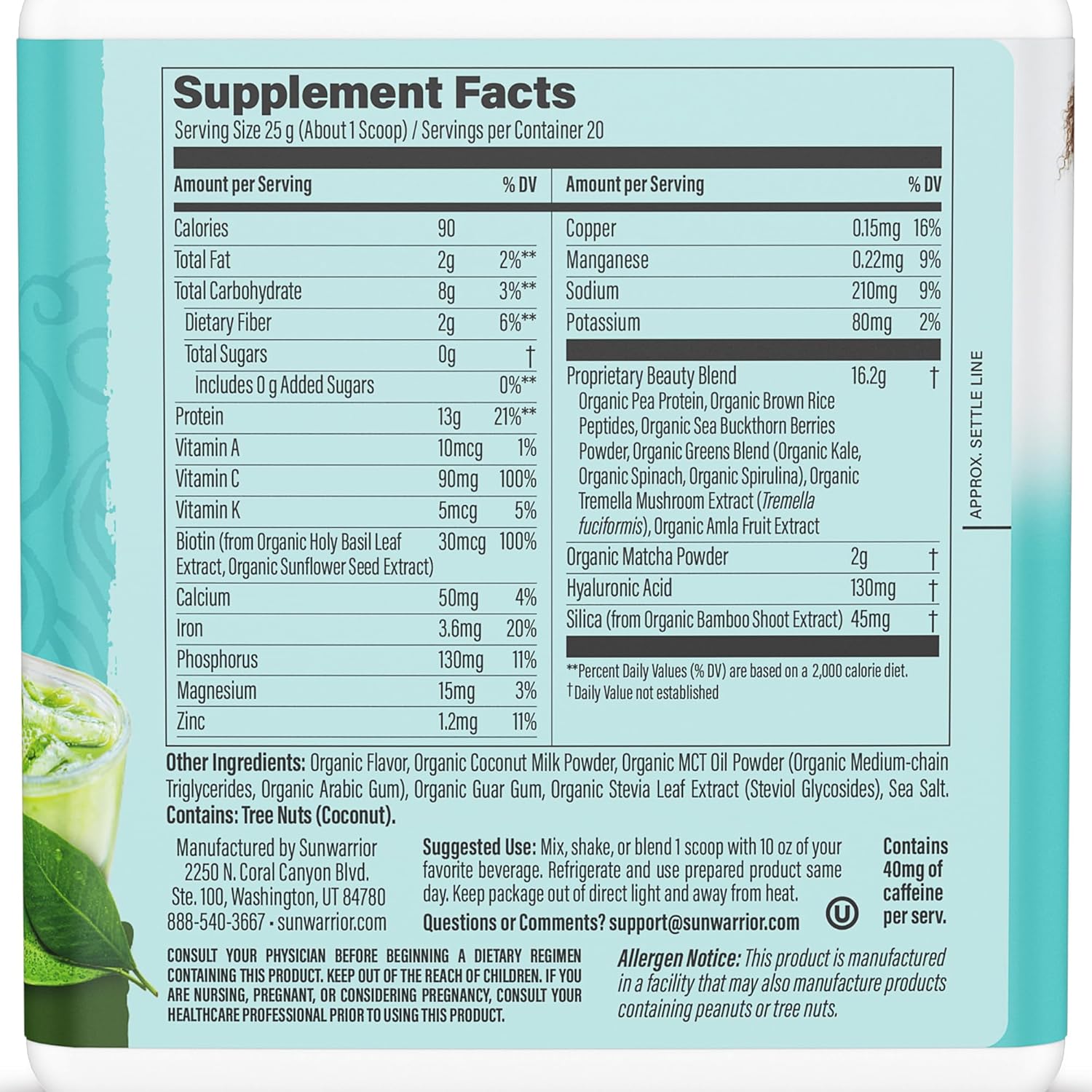 Plant-Based Protein Powder with Vegan Collagen Peptides, Hyaluronic Acid, and Biotin for Hair, Skin, and Nails - Coconut Matcha Latte Flavor - Non-GMO, Dairy & Sugar Free, Low Carb - 20 Servings