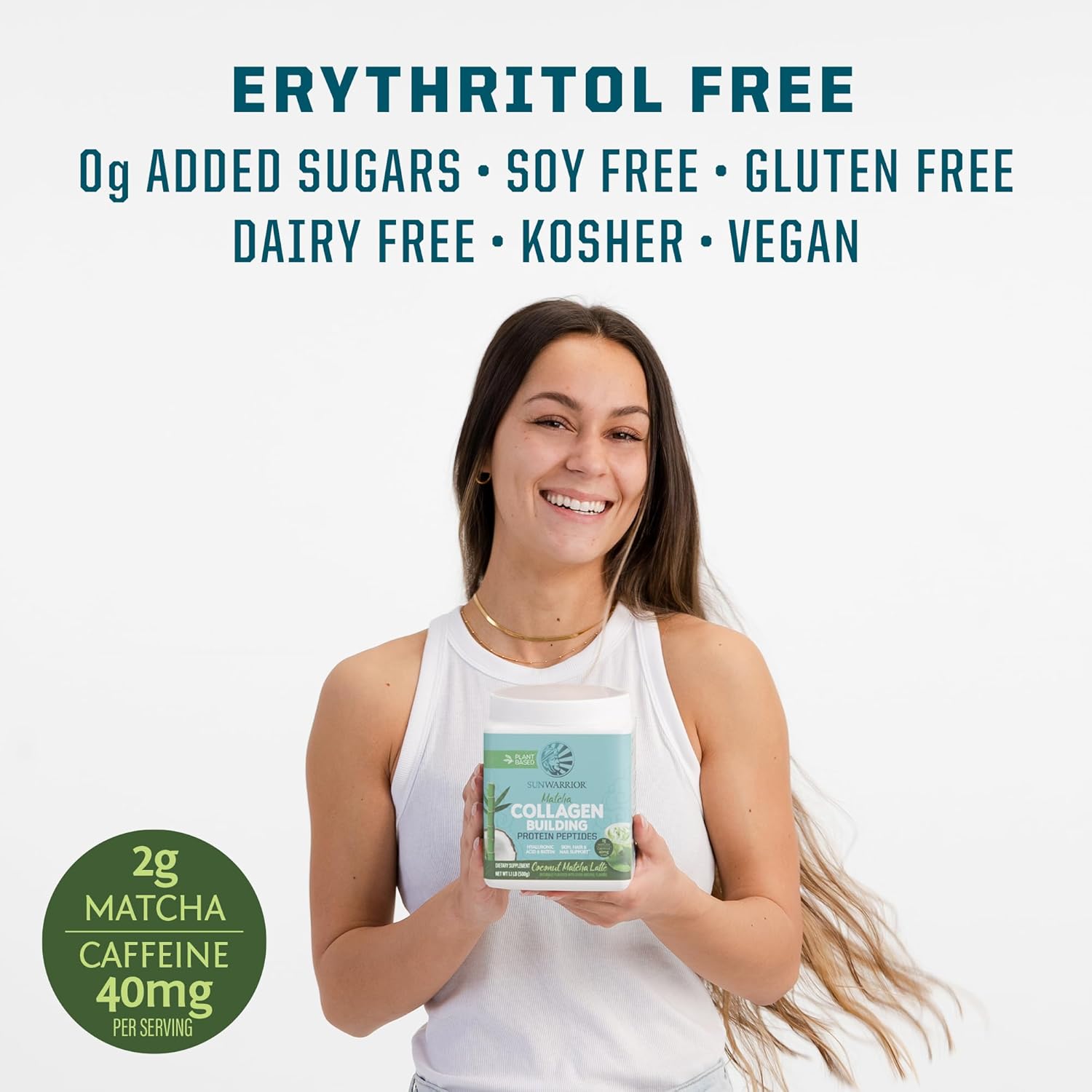 Plant-Based Protein Powder with Vegan Collagen Peptides, Hyaluronic Acid, and Biotin for Hair, Skin, and Nails - Coconut Matcha Latte Flavor - Non-GMO, Dairy & Sugar Free, Low Carb - 20 Servings