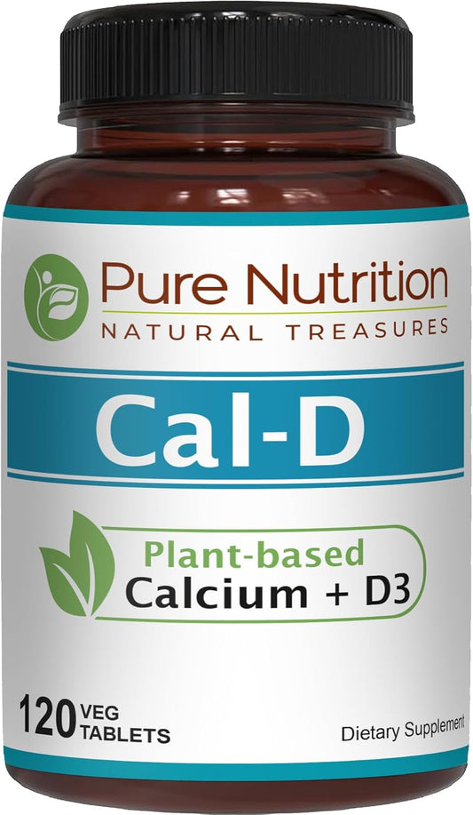 Plant-Based Pure Nutrition Cal D - Algae Calcium Supplement with Vitamin D3, K2, and Magnesium - Vegan Friendly - 120 Tablets - 500mg Calcium per Serving