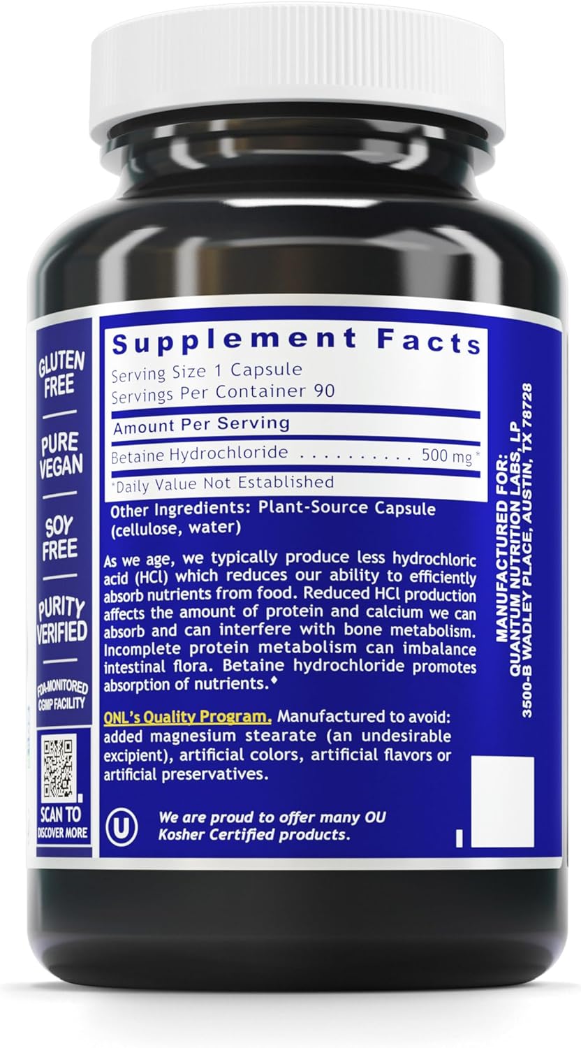 Plant-Based Quantum Betaine HCL Capsules for Digestive Function & Low Stomach Acid - 90 Count