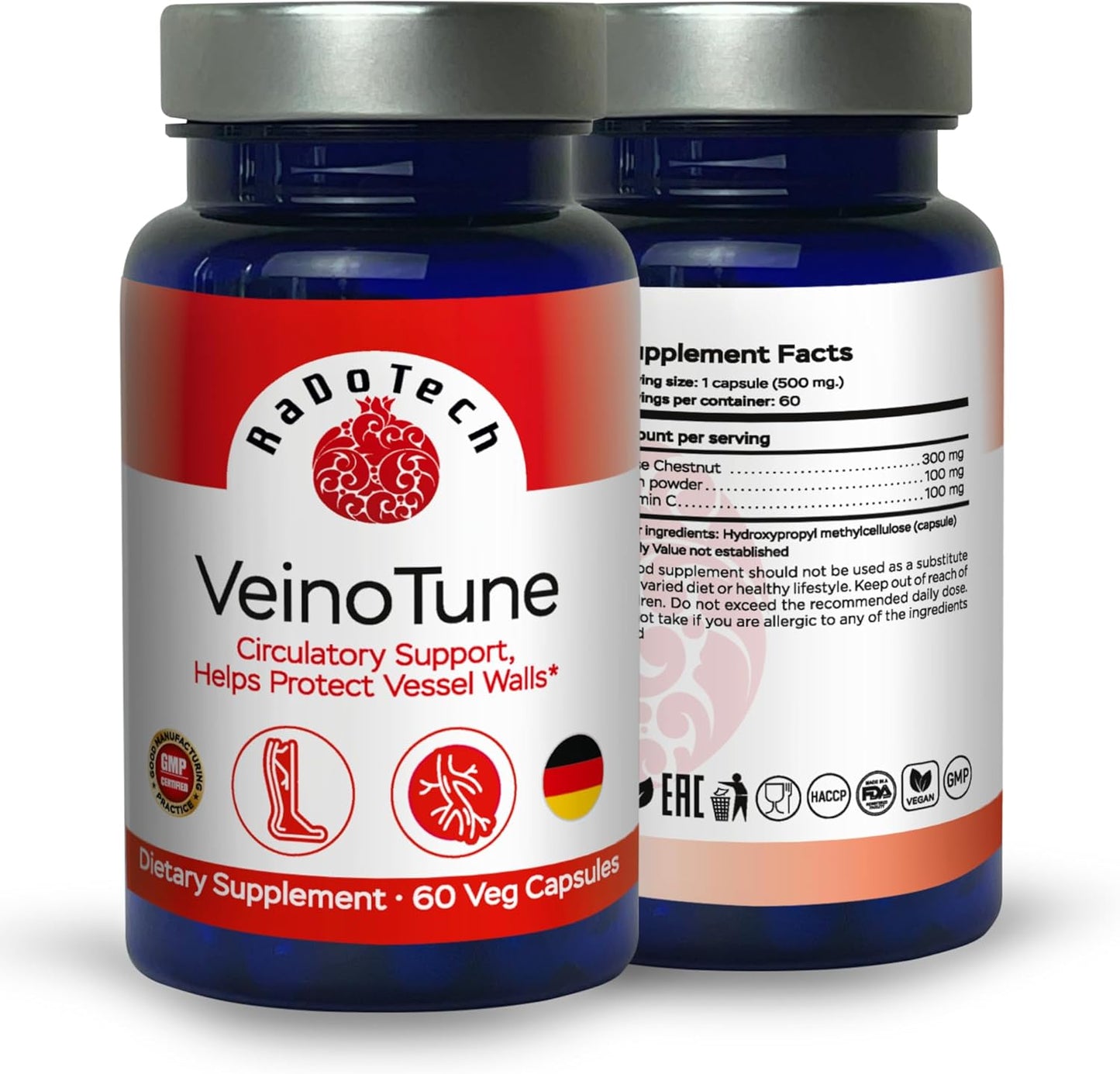 Plant-Based RaDoTech VeinoTune Caplets for Varicose Veins, Reduces Swelling, 60 Day Supply