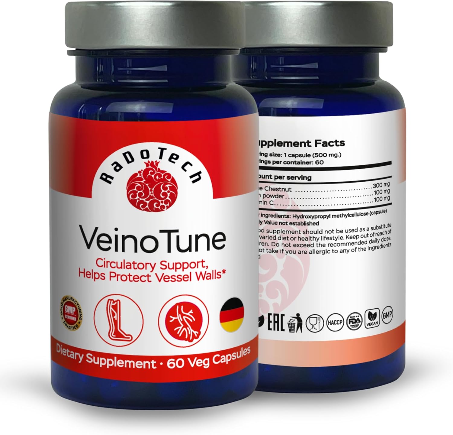 Plant-Based RaDoTech VeinoTune Caplets for Varicose Veins, Reduces Swelling, 60 Day Supply