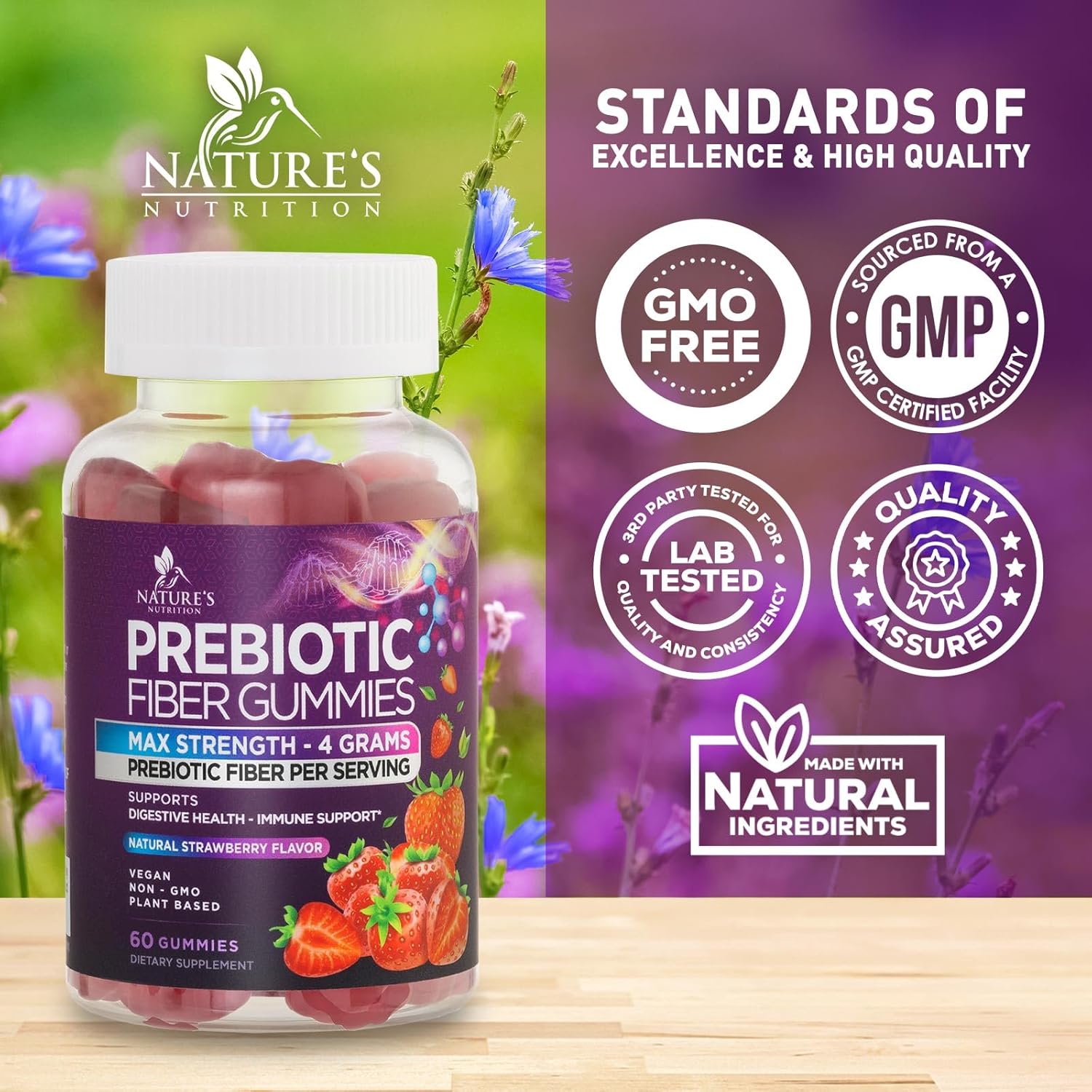 Plant-Based Soluble Fiber Gummies for Adults - 4g Daily Fiber Supplement for Digestive Health - Non-GMO Prebiotic Support - 60 Gummies