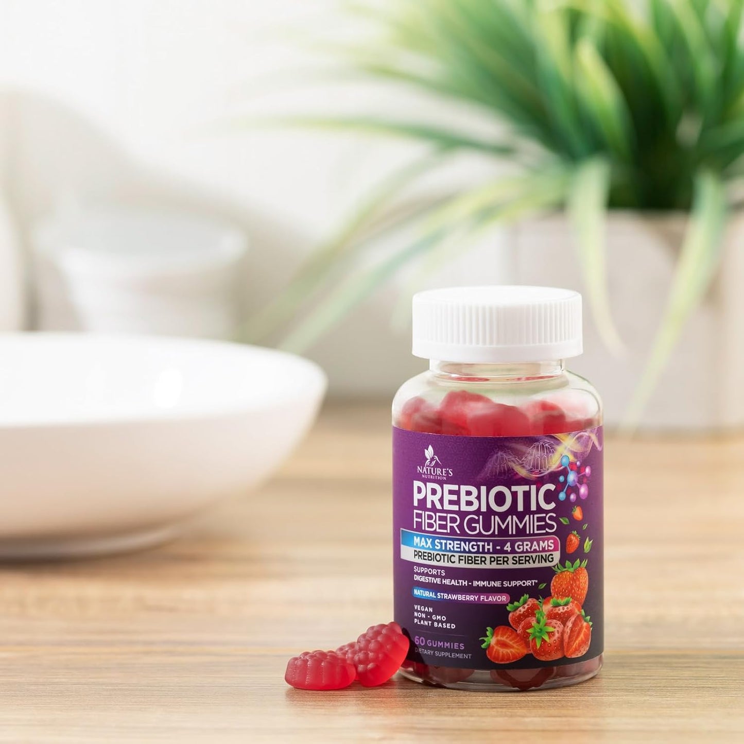 Plant-Based Soluble Fiber Gummies for Adults - 4g Daily Fiber Supplement for Digestive Health - Non-GMO Prebiotic Support - 60 Gummies