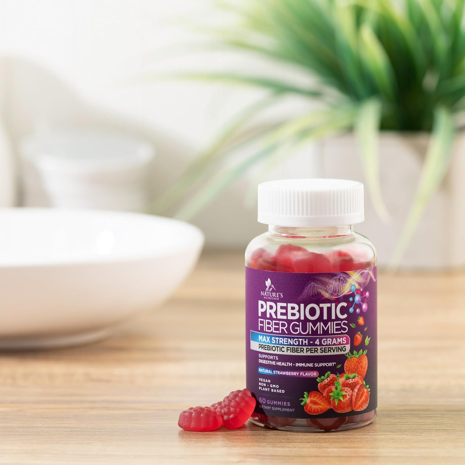 Plant-Based Soluble Fiber Gummies for Adults - 4g Daily Fiber Supplement for Digestive Health - Non-GMO Prebiotic Support - 60 Gummies