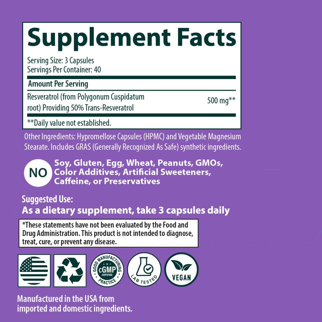 Plant Based Trans Resveratrol Supplement 500mg - Promotes Healthy Aging, Cognitive Function, & Heart Health - Vegan & Non-GMO - 120 Capsules by Sanar Naturals