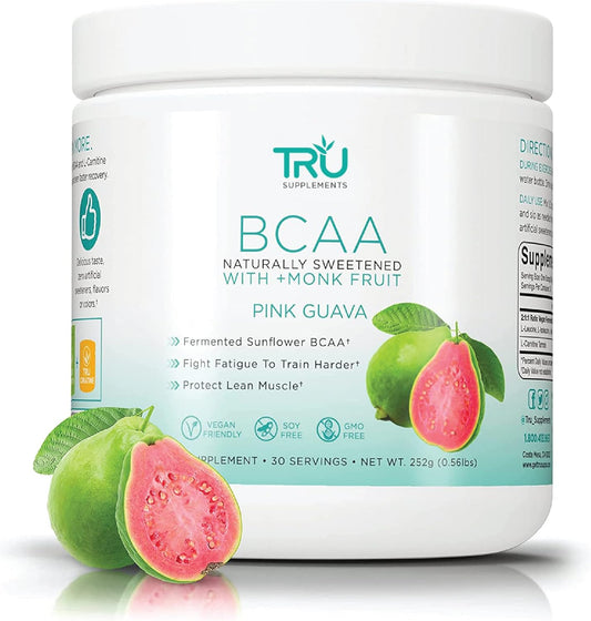 Plant Based TRU BCAA Powder - Vegan Friendly, Zero Calories, Pink Guava Flavor - 30 Servings