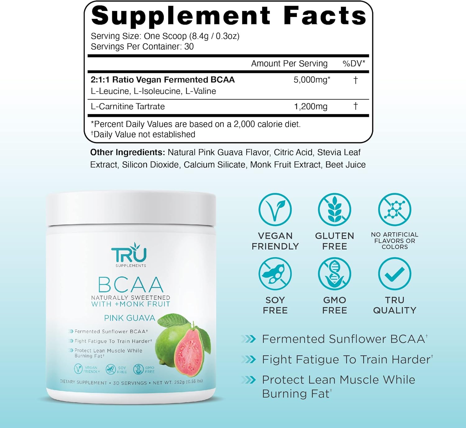 Plant Based TRU BCAA Powder - Vegan Friendly, Zero Calories, Pink Guava Flavor - 30 Servings