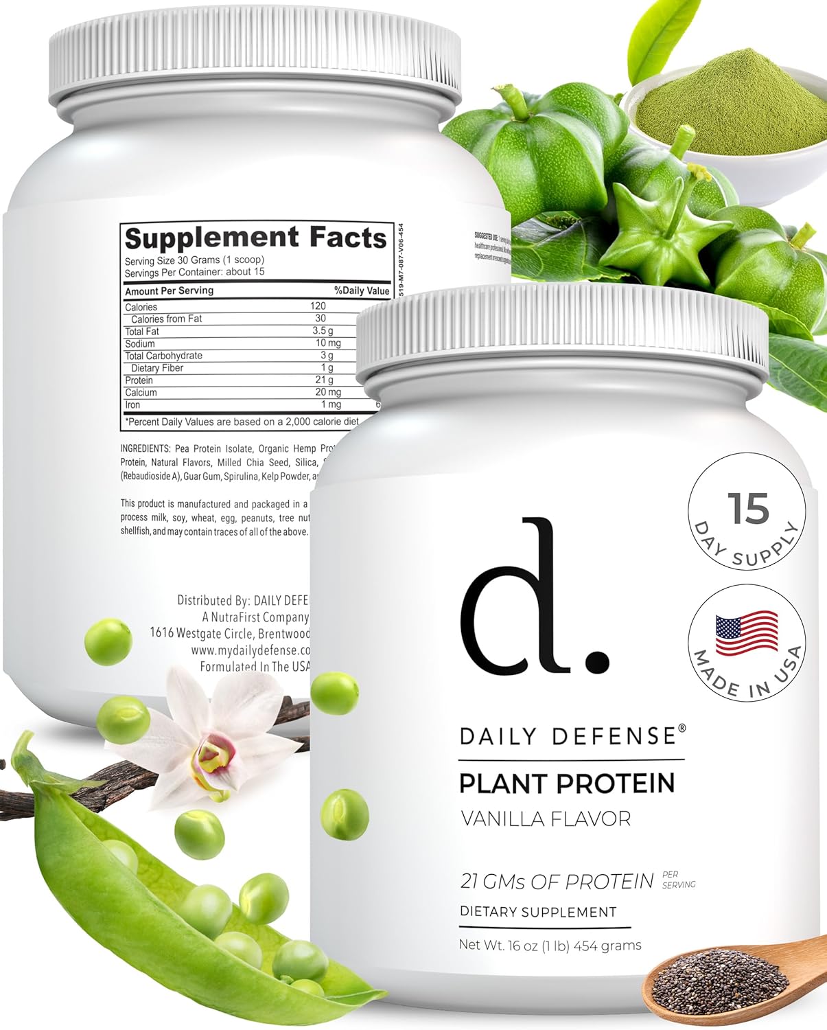 Plant-Based Vanilla Protein Powder - 454g with 21g of Vegan Protein per Serving - Low Sugar, Daily Defense Protein Powder for Women & Men