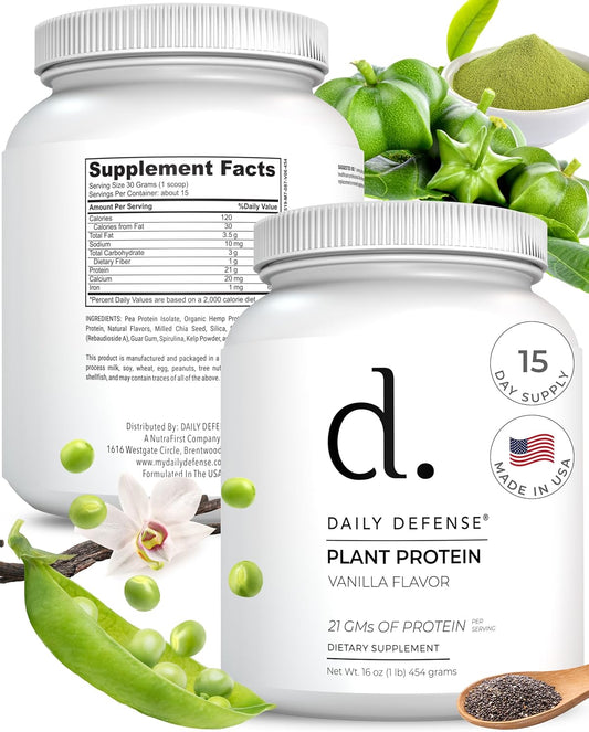 Plant-Based Vanilla Protein Powder - 454g with 21g of Vegan Protein per Serving - Low Sugar, Daily Defense Protein Powder for Women & Men