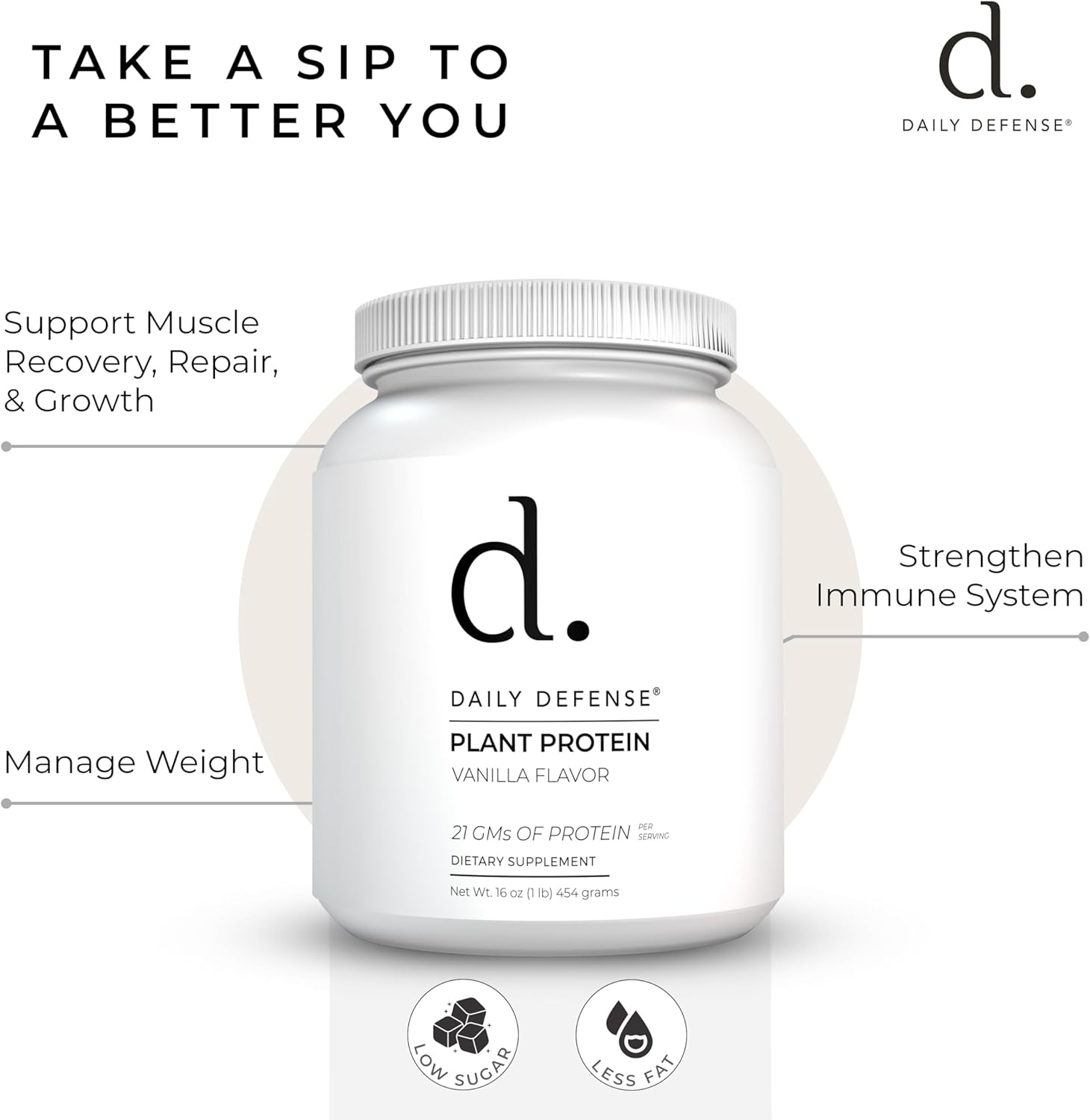 Plant-Based Vanilla Protein Powder - 454g with 21g of Vegan Protein per Serving - Low Sugar, Daily Defense Protein Powder for Women & Men
