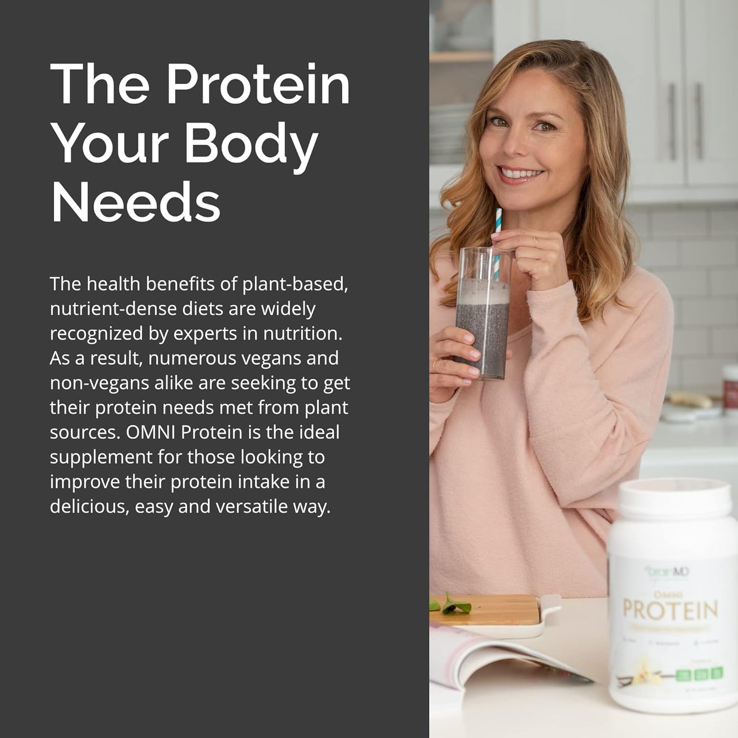 Plant-Based Vanilla Protein Powder for Energy & Recovery - 30 Servings - BrainMD Dr Amen Omni Protein - Vegan & Gluten Free