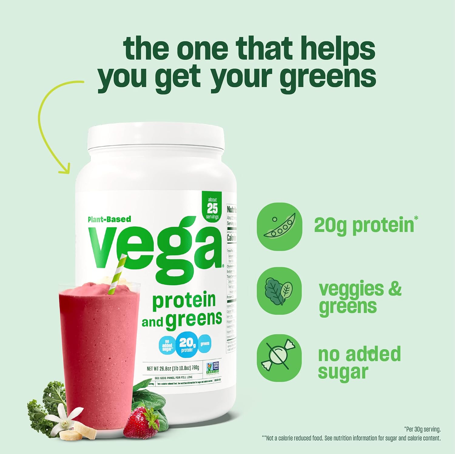 Plant-Based Vega Protein and Greens Powder, Berry Flavor - 20g Protein with Veggies, Vegan, Non-GMO, Pea Protein - 1.2 lbs