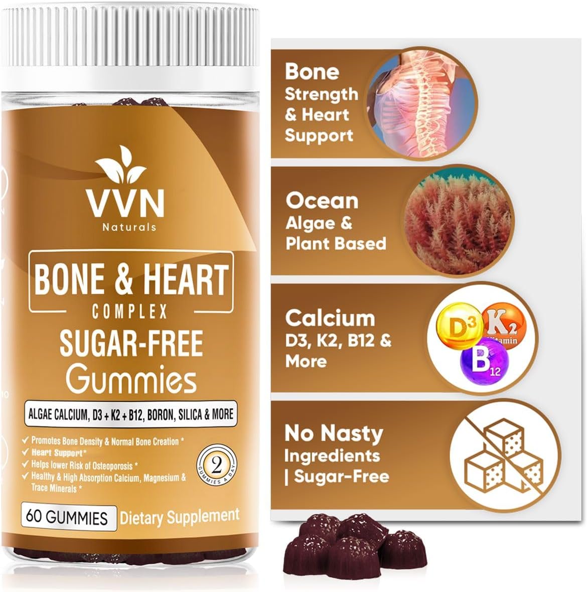 Plant-Based Vegan Calcium Gummies with K2, D3, Magnesium, and Trace Minerals for Bone Density - B12 & Heart Support, 60 ct.