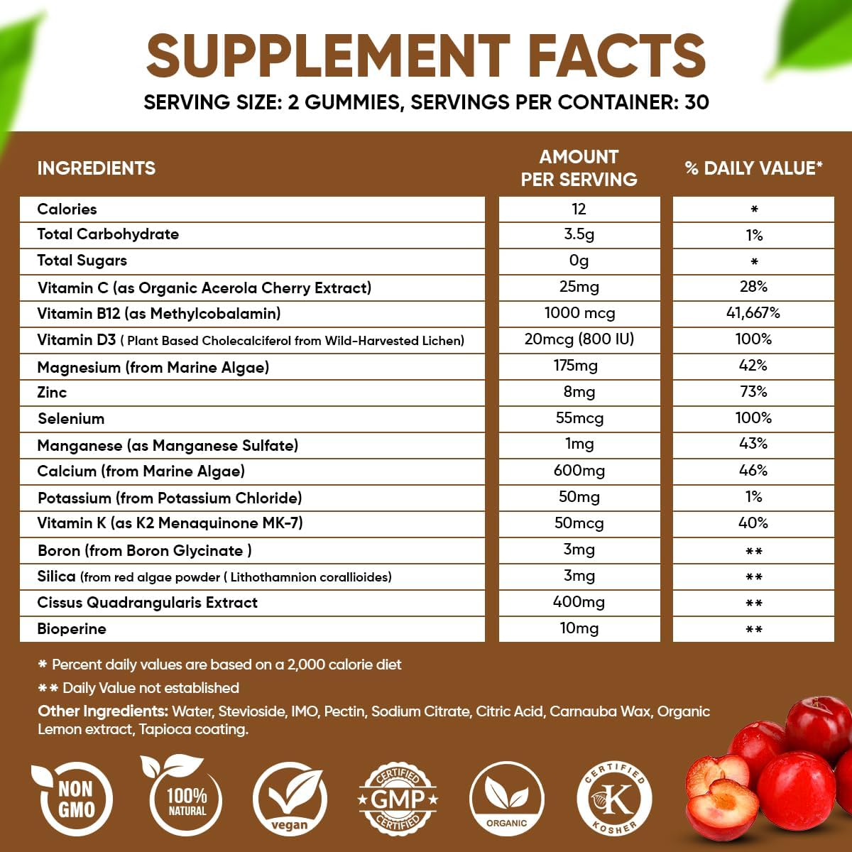Plant-Based Vegan Calcium Gummies with K2, D3, Magnesium, and Trace Minerals for Bone Density - B12 & Heart Support, 60 ct.