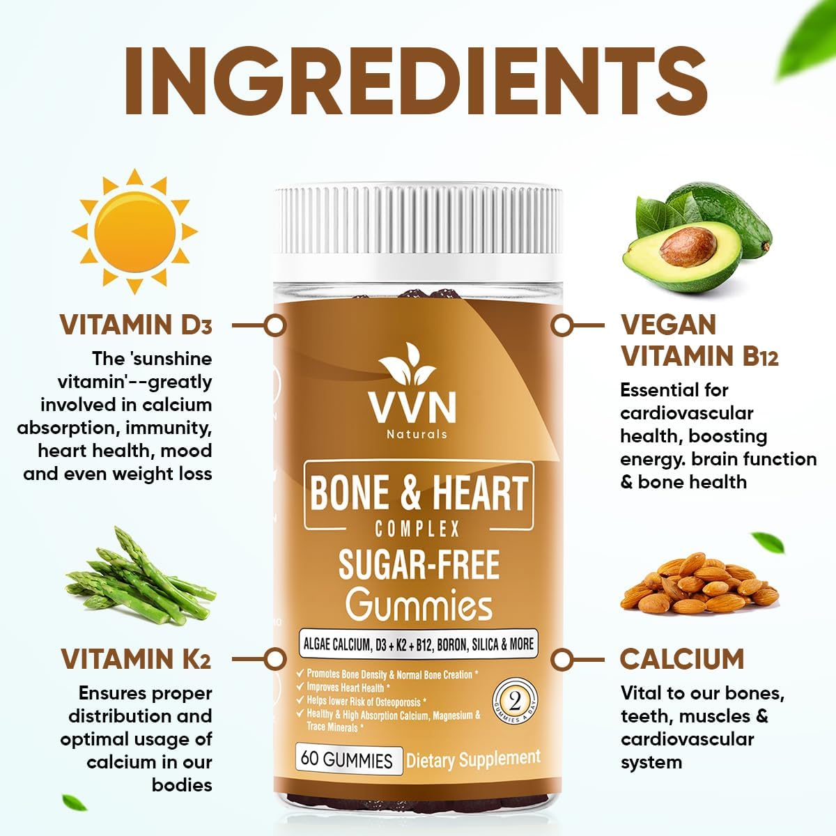 Plant-Based Vegan Calcium Gummies with K2, D3, Magnesium, and Trace Minerals for Bone Density - B12 & Heart Support, 60 ct.