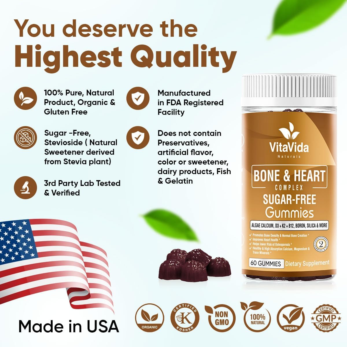 Plant-Based Vegan Calcium Gummies with K2, D3, Magnesium, and Trace Minerals for Bone Density - B12 & Heart Support, 60 ct.