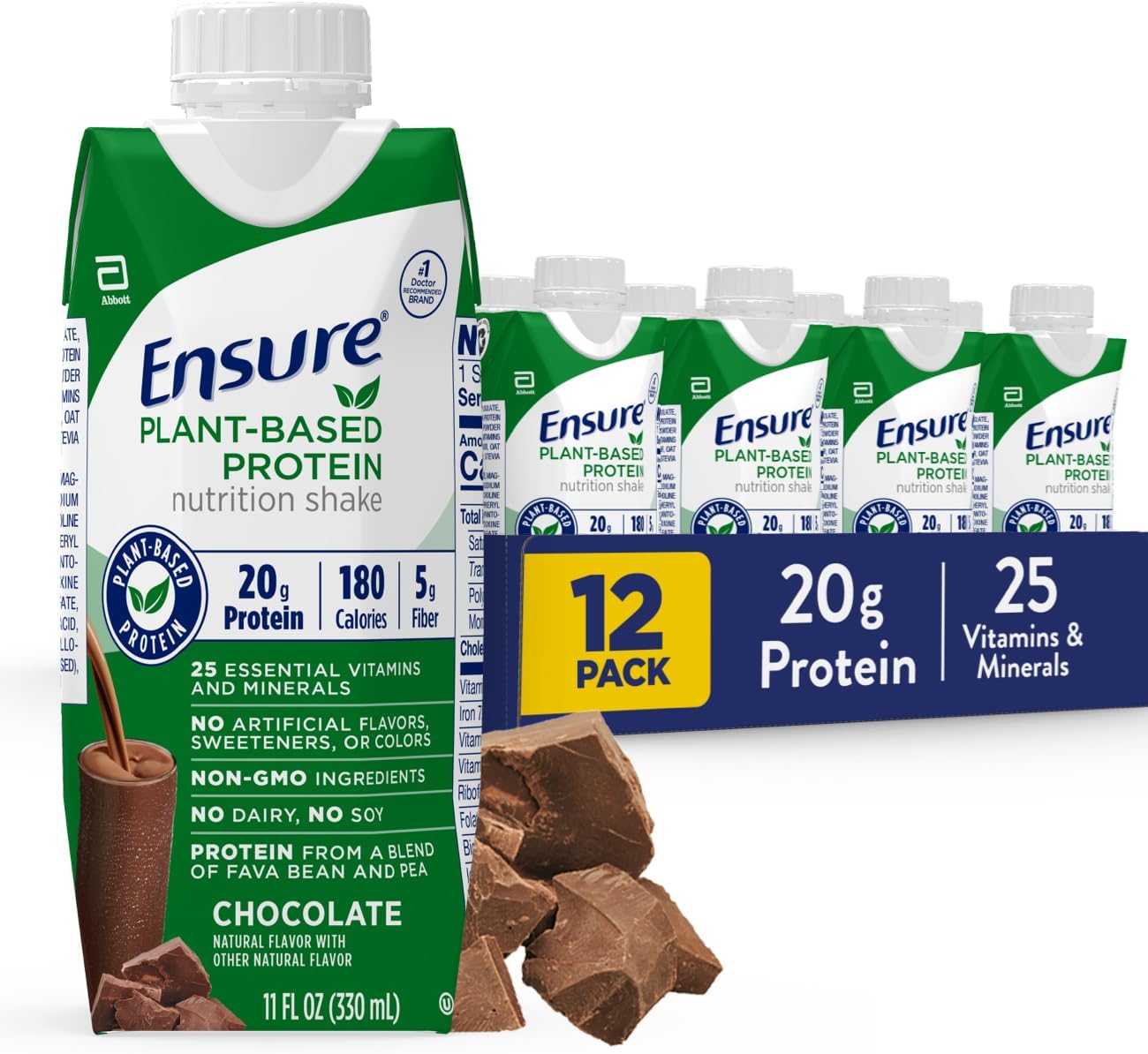Plant-Based Vegan Protein Nutrition Shakes - Chocolate Flavor, 20g Protein, 11 Fl Oz, 12 Pack
