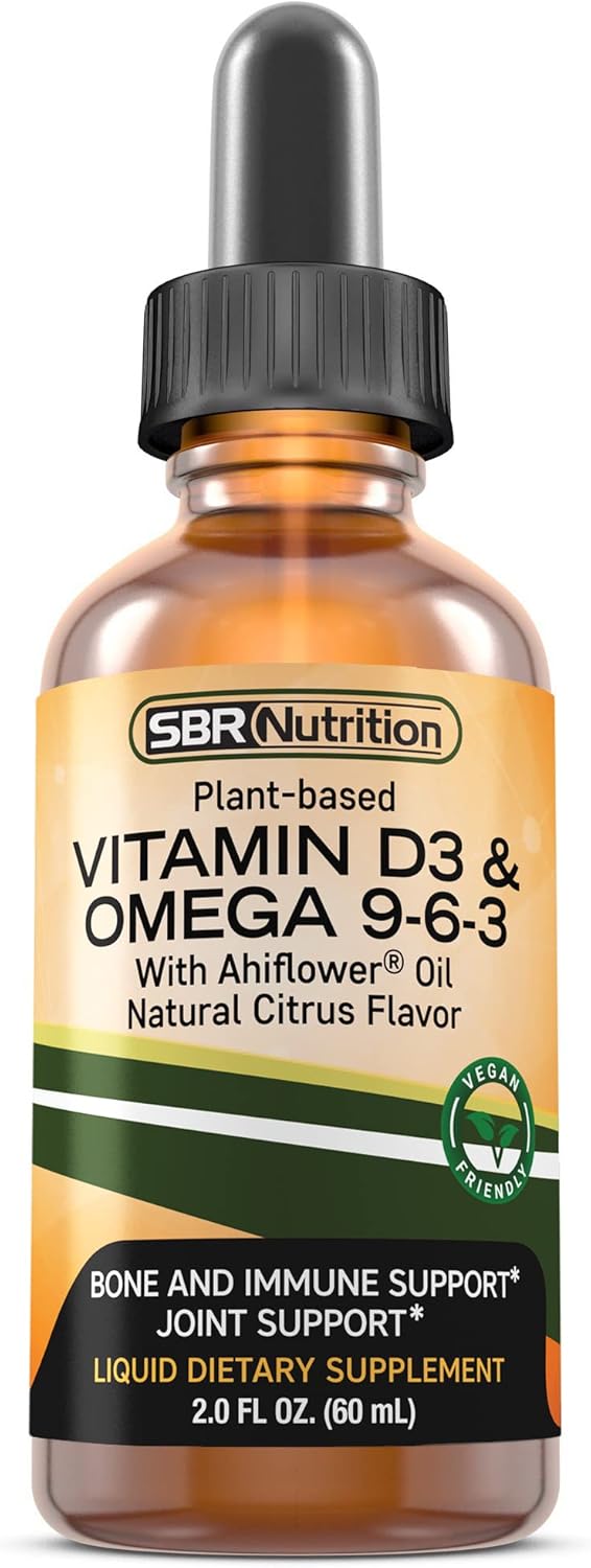 Plant-Based Vitamin D3 and Omega 3-6-9 Liquid Supplement with Ahiflower Oil for Bone, Immune, and Inflammation Support - Natural Orange Citrus Flavor - 2oz Bottle - 30 Servings