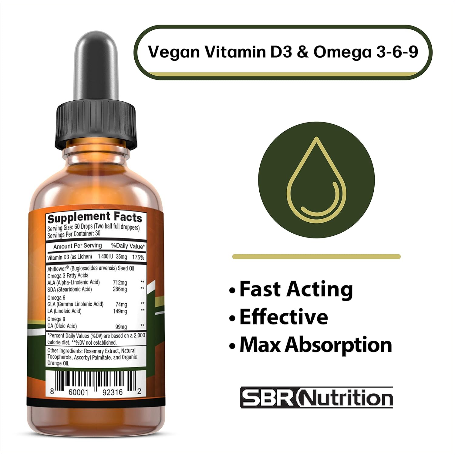 Plant-Based Vitamin D3 and Omega 3-6-9 Liquid Supplement with Ahiflower Oil for Bone, Immune, and Inflammation Support - Natural Orange Citrus Flavor - 2oz Bottle - 30 Servings