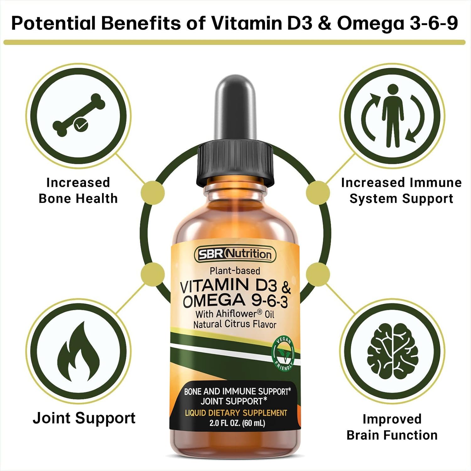 Plant-Based Vitamin D3 and Omega 3-6-9 Liquid Supplement with Ahiflower Oil for Bone, Immune, and Inflammation Support - Natural Orange Citrus Flavor - 2oz Bottle - 30 Servings