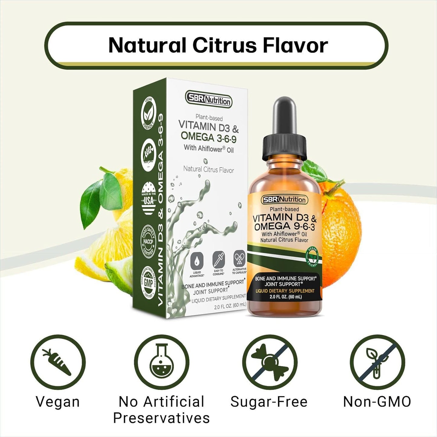 Plant-Based Vitamin D3 and Omega 3-6-9 Liquid Supplement with Ahiflower Oil for Bone, Immune, and Inflammation Support - Natural Orange Citrus Flavor - 2oz Bottle - 30 Servings