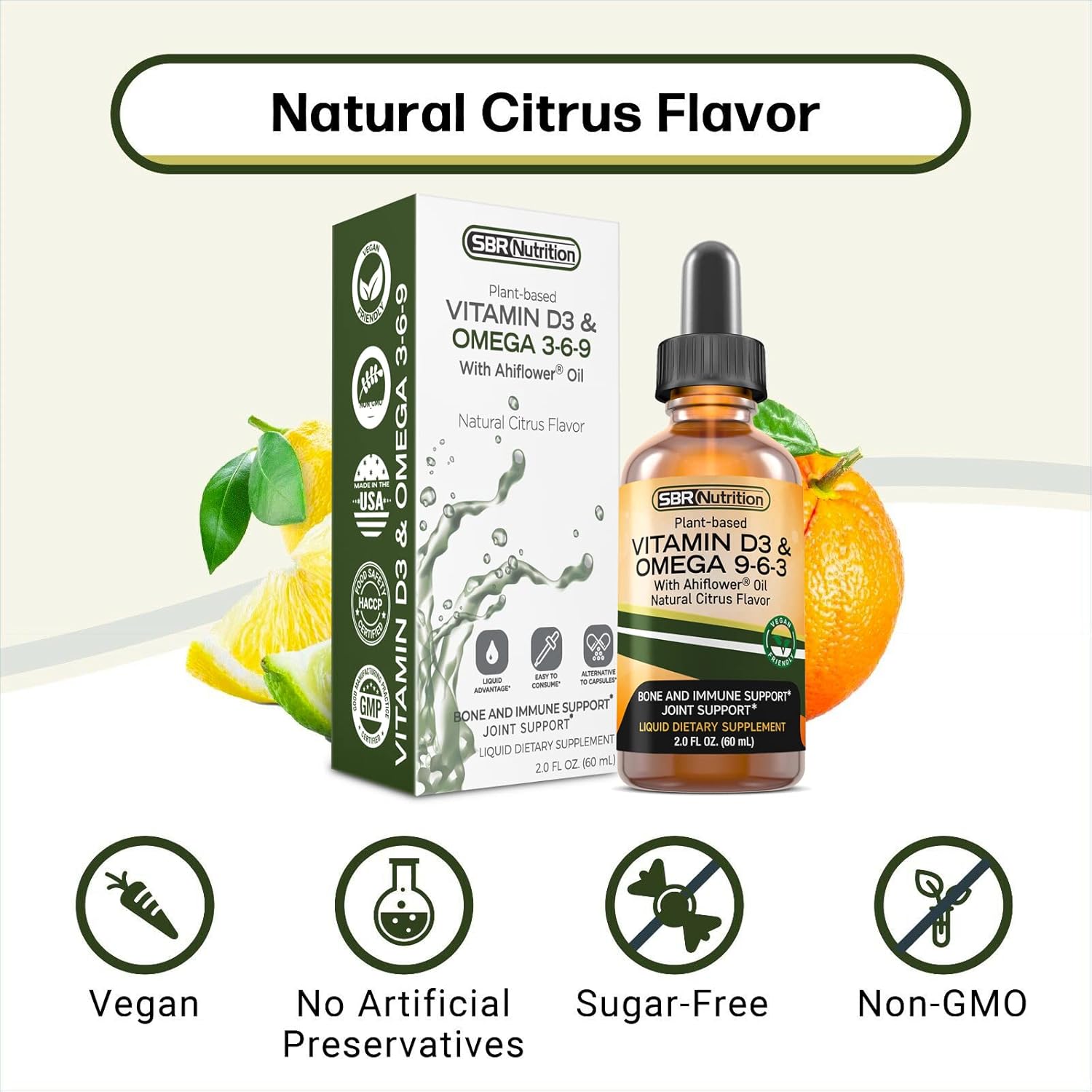 Plant-Based Vitamin D3 and Omega 3-6-9 Liquid Supplement with Ahiflower Oil for Bone, Immune, and Inflammation Support - Natural Orange Citrus Flavor - 2oz Bottle - 30 Servings