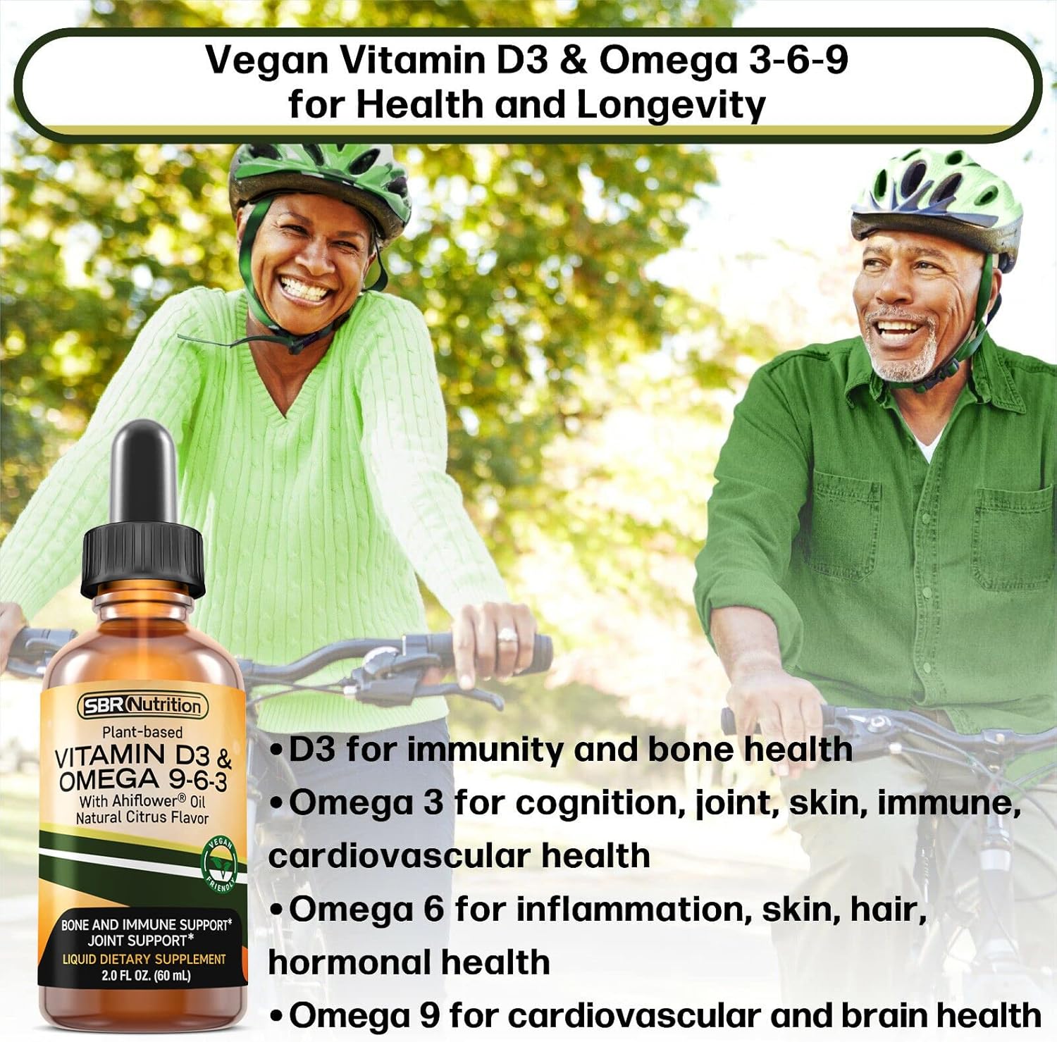 Plant-Based Vitamin D3 and Omega 3-6-9 Liquid Supplement with Ahiflower Oil for Bone, Immune, and Inflammation Support - Natural Orange Citrus Flavor - 2oz Bottle - 30 Servings