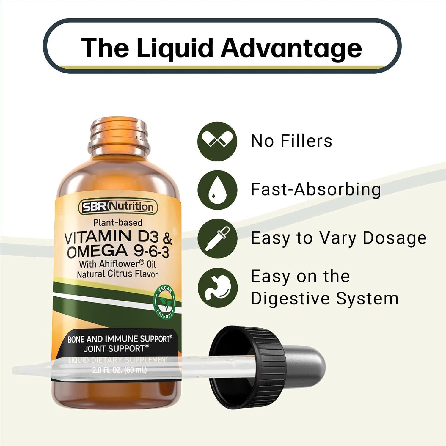 Plant-Based Vitamin D3 and Omega 3-6-9 Liquid Supplement with Ahiflower Oil for Bone, Immune, and Inflammation Support - Natural Orange Citrus Flavor - 2oz Bottle - 30 Servings