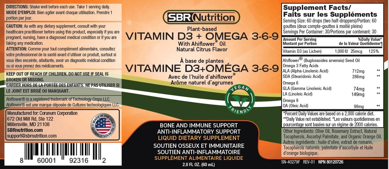 Plant-Based Vitamin D3 and Omega 3-6-9 Liquid Supplement with Ahiflower Oil for Bone, Immune, and Inflammation Support - Natural Orange Citrus Flavor - 2oz Bottle - 30 Servings