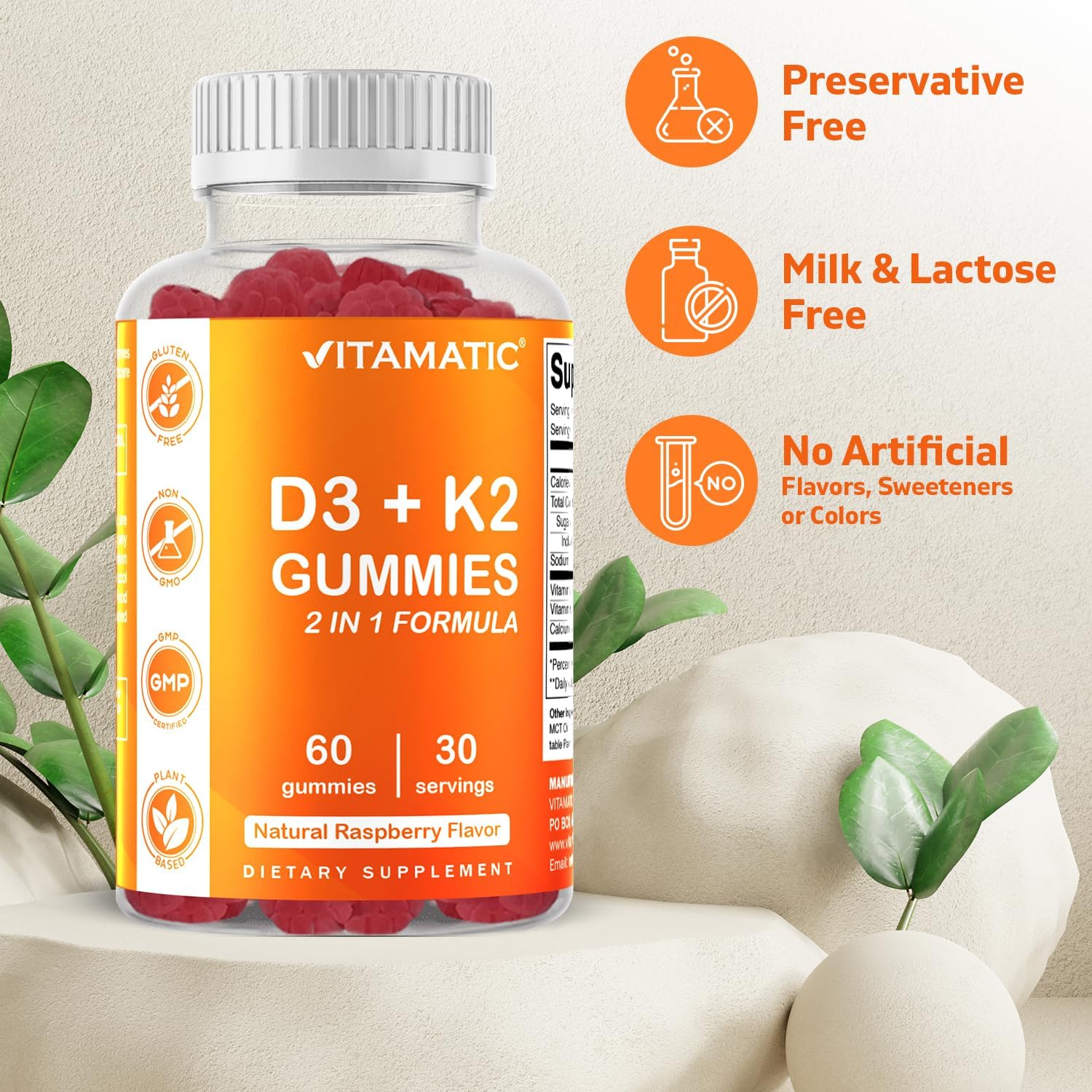 Plant-Based Vitamin D3 K2 Gummies - 60 Count - Supports Bone, Heart, & Immune Health - Non-GMO, Gluten-Free