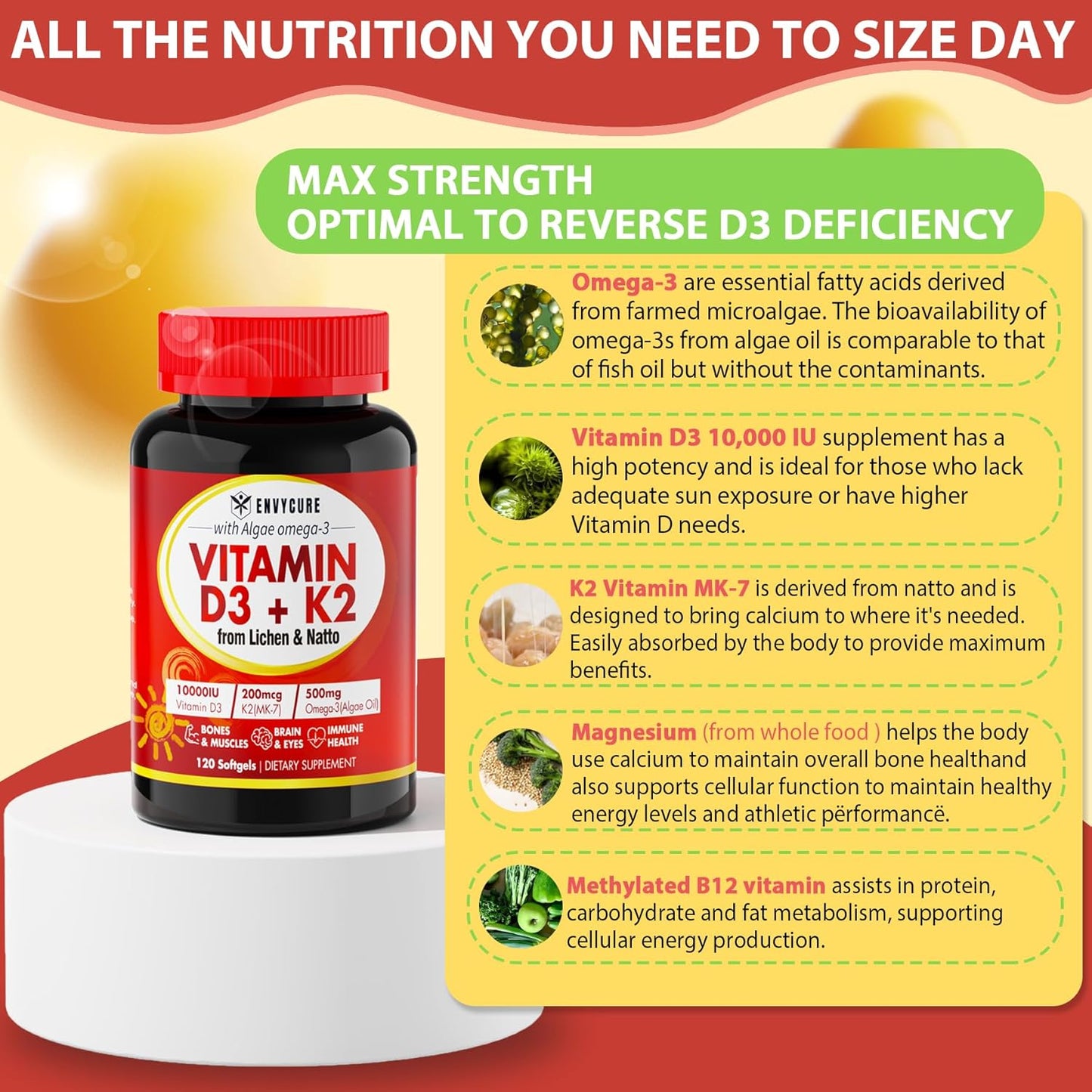 Plant-Based Vitamin D3 K2 Softgels with Omega 3, Magnesium, and Methyl B12 - 2 Pack for Bone, Muscle, and Immune Support