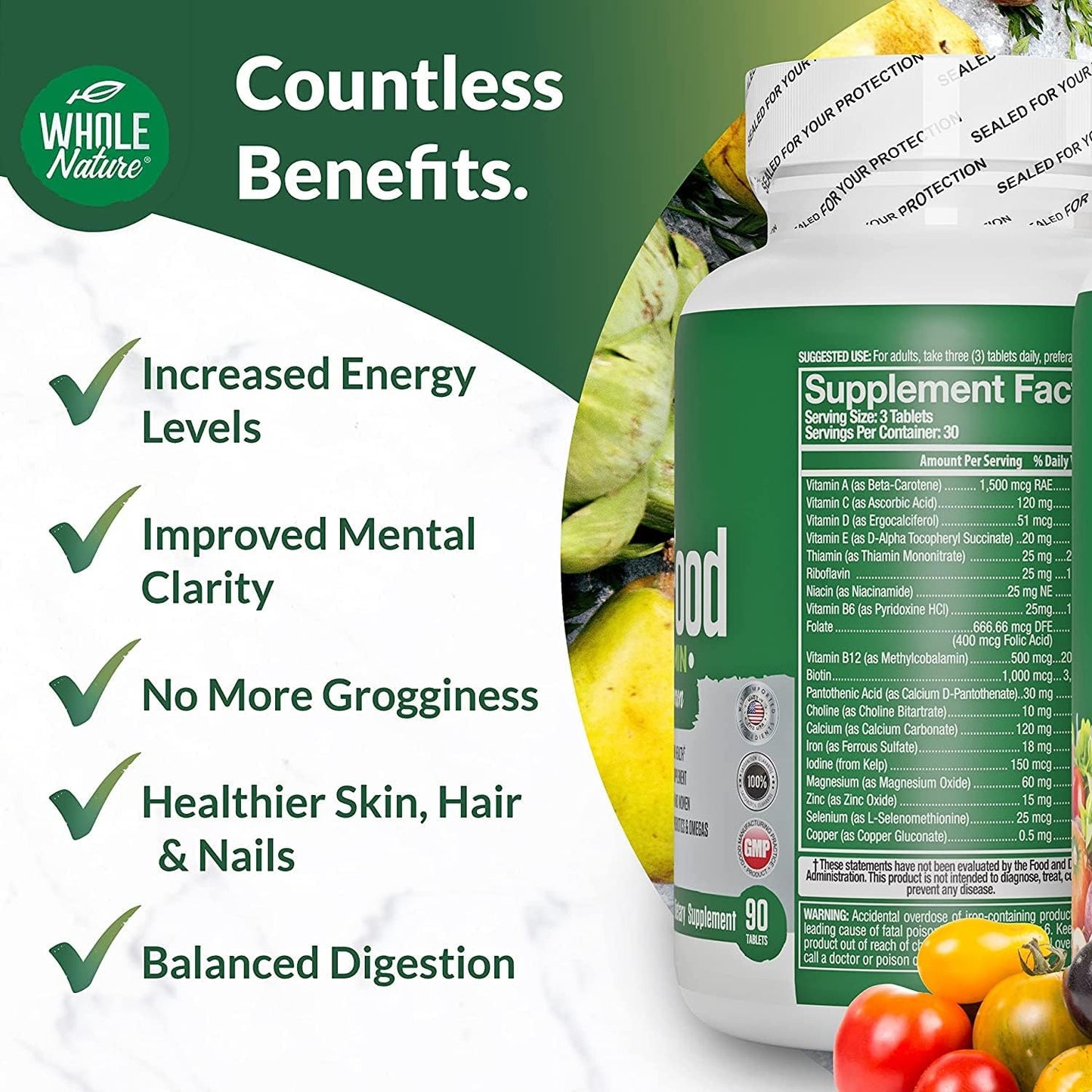 Plant Based Whole Food Multivitamin for Men and Women with Digestive Enzymes, Probiotics, and Omegas - Non-GMO Formula